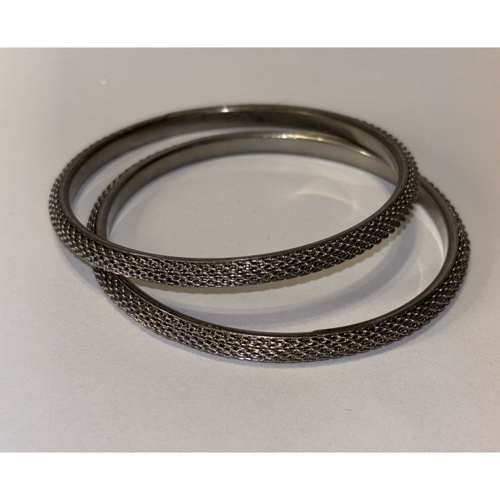 2 Vintage Silver Tone Metal MESH Inlay Bangle Bracelets